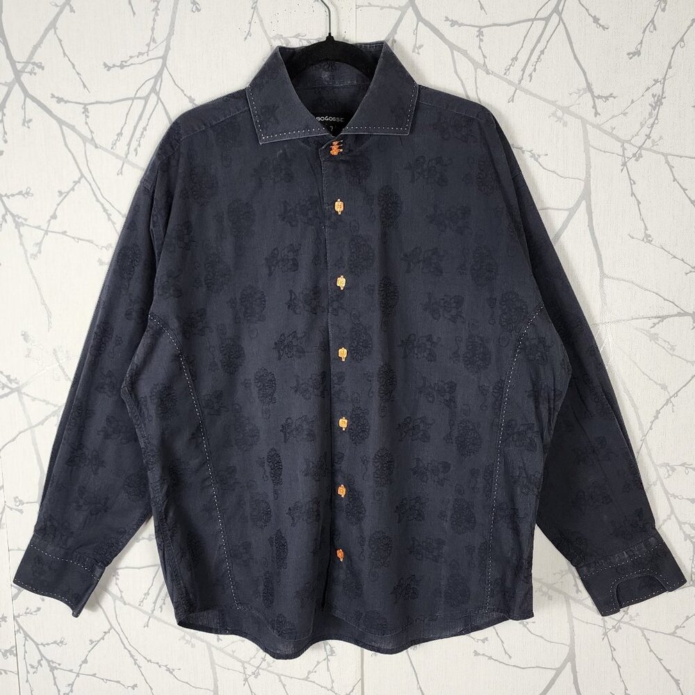 Bogosse Navy Black Floral Embossed Artsy Button Front Shirt